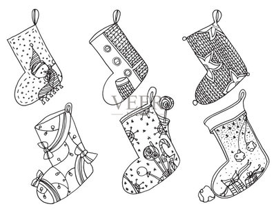 一套圣誕襪。矢量程式化的冬天襪子的集合。一整套裝飾圣誕絲襪。手工繪制的黑色和白色。涂鴉藝術矢量圖素材下載 - Veer圖庫