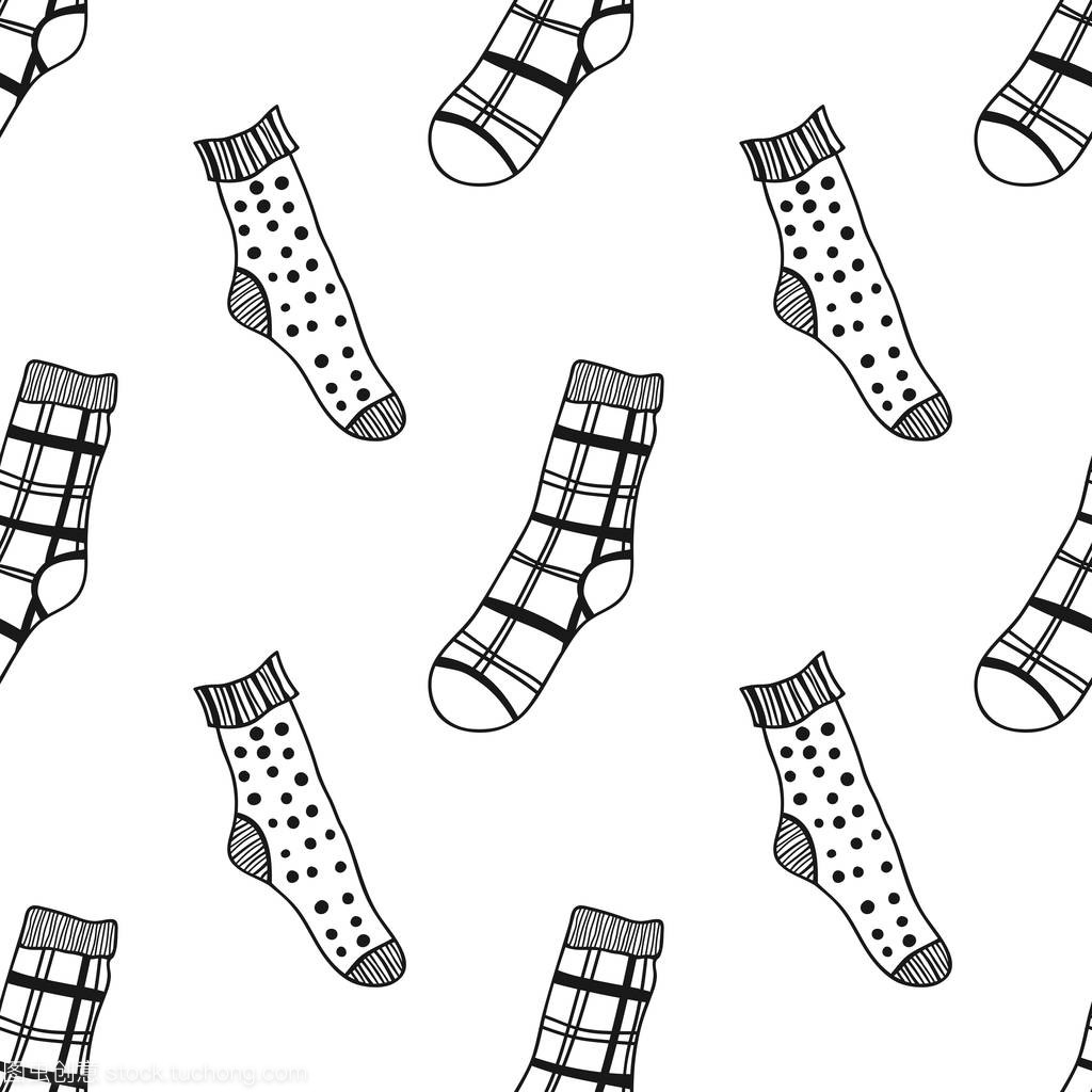 襪子。黑白無縫圖案, 用于著色書籍和頁面。針織服裝。矢量插圖